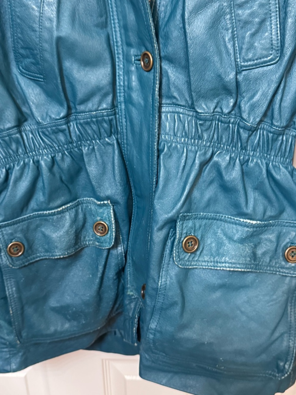 Otello Pelle Vintage Women’s XS Teal Leather Hooded Jacket Funky 80s 90s - Picture 3 of 9